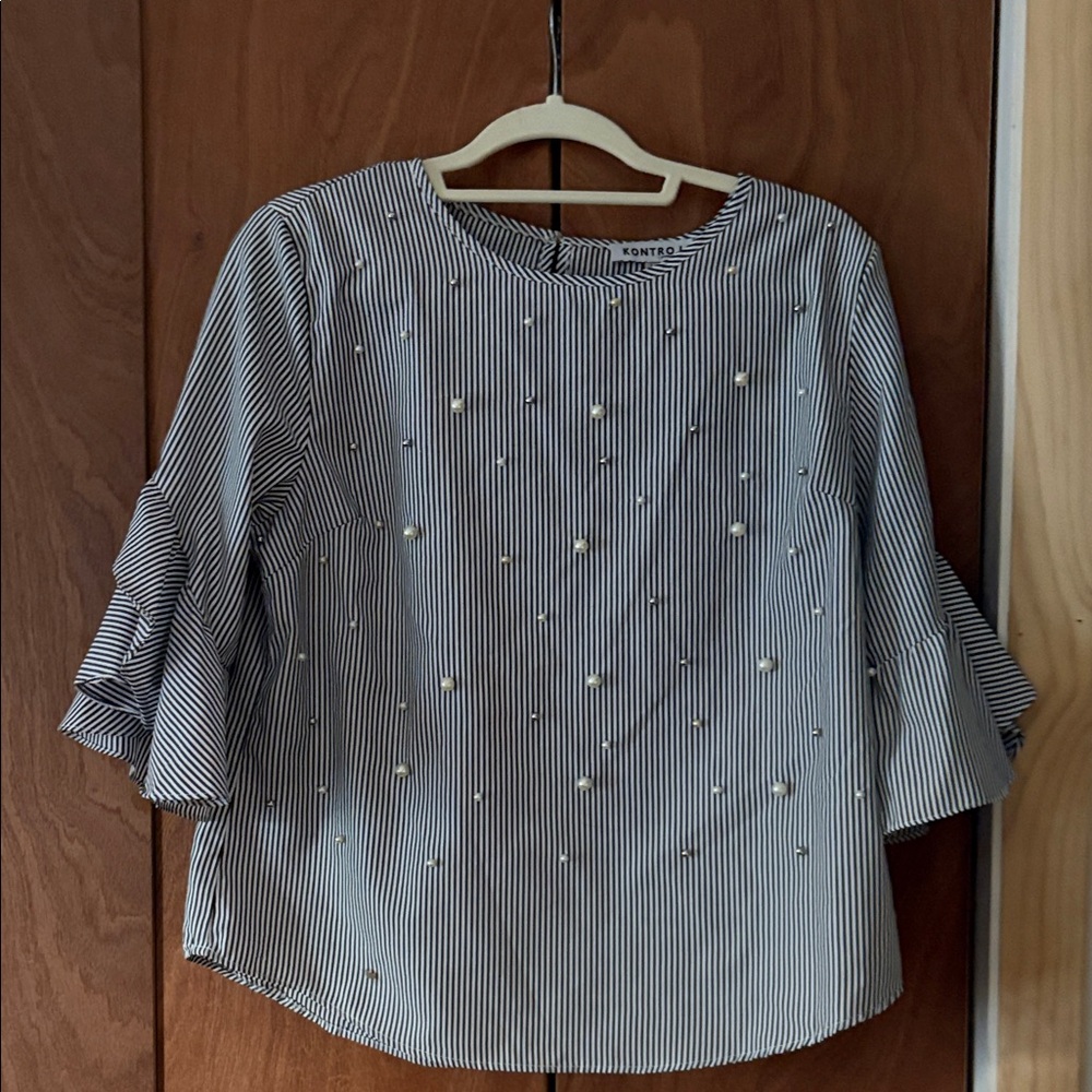 Kontrol Striped Blouse with Ruffle Sleeves and Pearl accents